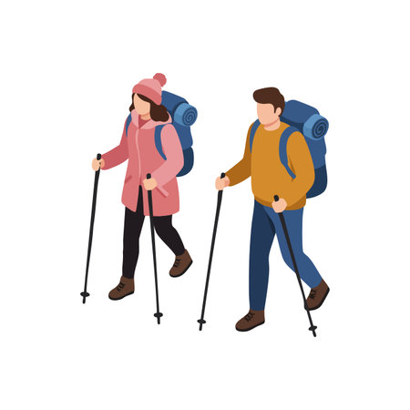 Two hikers equipped with backpacks and trekking poles walking outdoors wearing warm jackets and boots, enjoying nature and active lifestyle mood.のイラスト素材