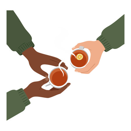 Two hands wearing green sweaters hold tea cups with lemon slices and tea bags, depicting a cozy and warm moment. Calm mood.のイラスト素材