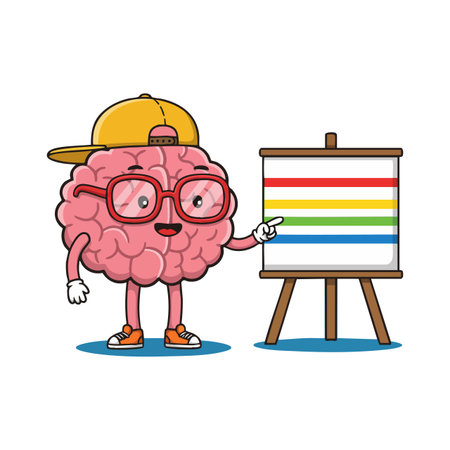 Cartoon brain with red glasses and yellow cap points at rainbow-striped chart on easel, expressing education and creativity in a fun style. Cheerful mood.のイラスト素材