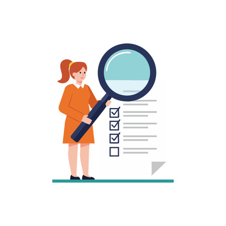 A woman in an orange dress holds a large magnifying glass over a checklist, inspecting marked boxes carefully. Professional and focused mood.のイラスト素材