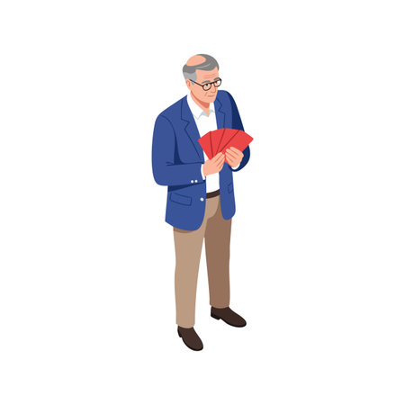 Elderly man wearing glasses and blue jacket holds red envelopes with focused expression in vector style. Calm and thoughtful mood.のイラスト素材