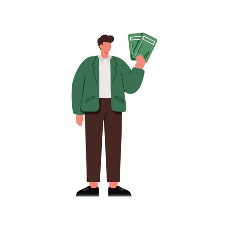 Illustration of a man holding green tickets wearing casual green jacket and brown pants, symbolizing event entry or travel preparation, upbeat mood.のイラスト素材