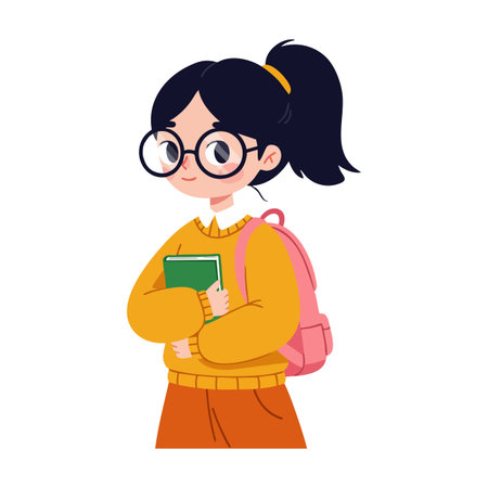Vector illustration of a girl student holding a book, wearing glasses, a pink backpack, and warm casual clothes, looking confident and focused. Cheerful.のイラスト素材
