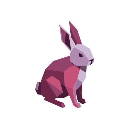 This image shows a low poly rabbit sitting, featuring geometric shapes in purple and pink shades, rendered in a digital vector style. Calm and modern.のイラスト素材