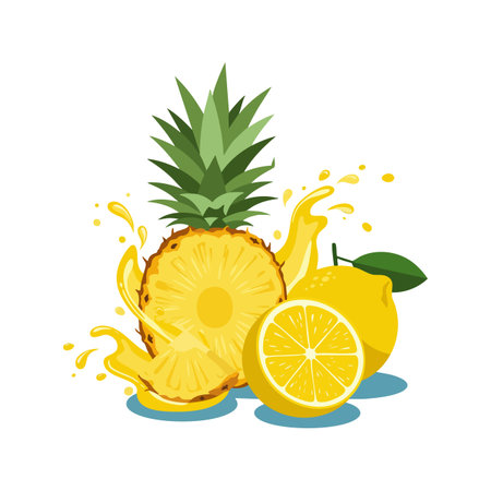Vector image shows sliced pineapple and lemon with juice splash in bright yellow and green colors, conveying freshness and tropical vibe, vibrant mood.のイラスト素材
