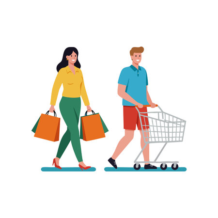 A couple walks shopping with bags and a cart, dressed casually, enjoying their activity in a bright, cheerful scene. Friendly mood.のイラスト素材