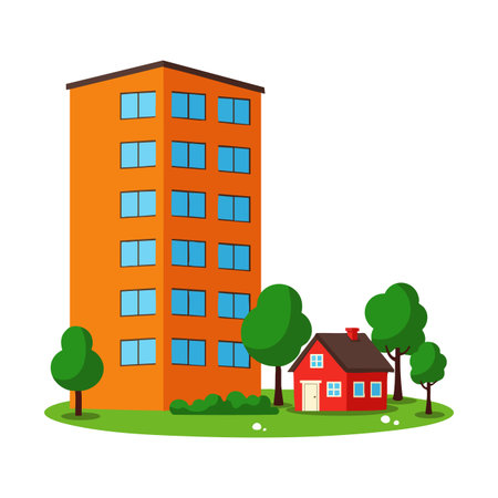 Vector design shows an orange apartment building with blue windows next to a red house and green trees on grass, presenting a peaceful scene.のイラスト素材