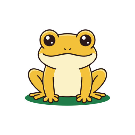 Cartoon yellow frog sits on green patch with big eyes and simple lines in a cute and friendly style. Cheerful mood.のイラスト素材