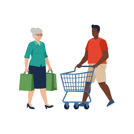 Illustration of elderly woman holding green shopping bags and young man pushing an empty cart, both casually dressed and standing. Calm scene.のイラスト素材