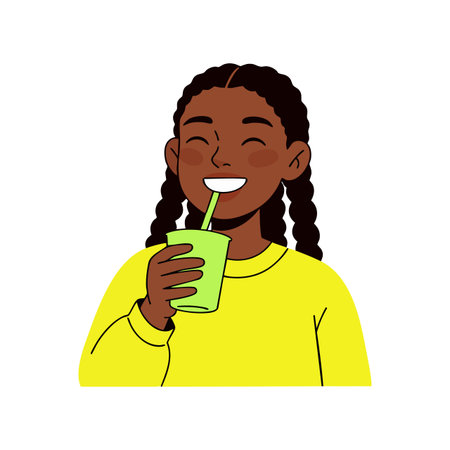 Illustration of a happy young woman with braided hair drinking juice through a straw wearing a yellow sweater, conveying joy and refreshment mood.のイラスト素材