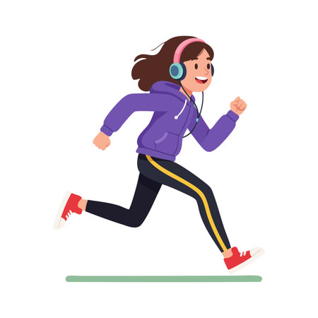 Young girl happily running while listening to music with blue headphones, wearing a purple hoodie and black pants. Energetic and lively mood.のイラスト素材