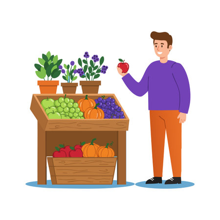 Illustration shows man in purple sweater holding red apple by wooden stand with green grapes pumpkins and plants, bright and cheerful mood.のイラスト素材