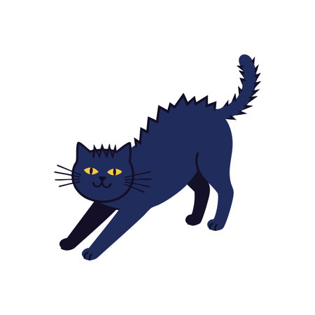 Illustration shows a black cat stretching with raised fur and yellow eyes, expressing alertness and playfulness, set on a white background. Cheerful mood.のイラスト素材