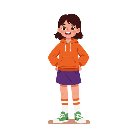 Vector illustration of a cheerful girl in an orange hoodie and purple skirt standing confidently with hands on hips. Bright and lively mood.のイラスト素材