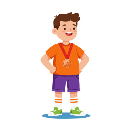 Boy stands proudly wearing a bronze medal, orange shirt, purple shorts, and green shoes, smiling confidently on a white background, cheerful mood.のイラスト素材