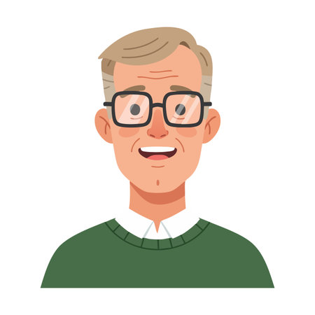 Illustration shows an elderly man smiling, wearing glasses and a green sweater, looking cheerful and friendly, simple vector style. Cheerful mood.のイラスト素材
