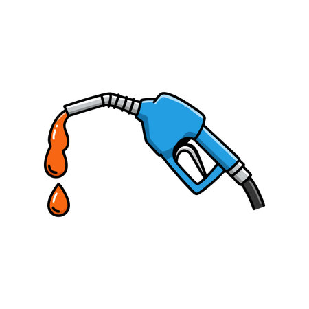 Blue fuel pump nozzle dripping orange gasoline liquid symbolizing fuel supply and energy transfer, suitable for transport and industry themes, dynamic mood.のイラスト素材