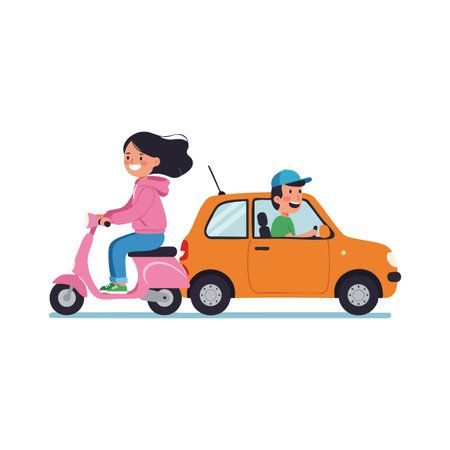 A smiling woman rides a pink scooter alongside an orange car driven by a cheerful man. Both enjoy a casual urban ride. Cheerful mood.のイラスト素材