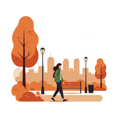 Woman strolls through an autumn park with orange foliage and city buildings in the background, creating a calm and peaceful atmosphere.のイラスト素材