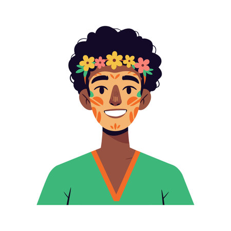 Illustration shows a smiling young person with curly hair, floral crown, and tribal face paint wearing a green shirt. Cheerful and vibrant mood.のイラスト素材