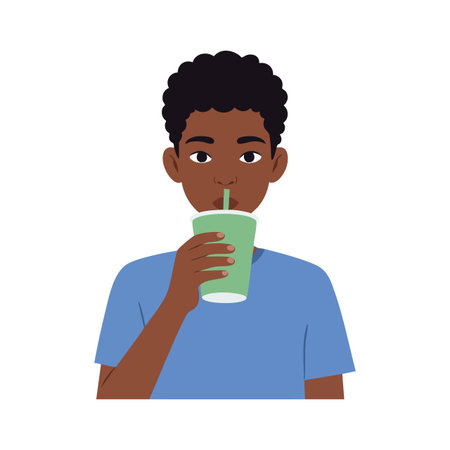Illustration shows a young man wearing blue t-shirt drinking a green smoothie from a cup with a straw, simple and calm mood.のイラスト素材