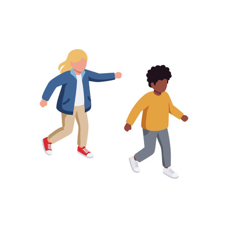 Illustration shows two children walking side by side, one with blond hair and blue jacket, the other with curly hair and yellow sweater, friendly mood.のイラスト素材