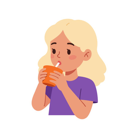 Blonde girl in purple shirt drinks orange juice through a straw with focused expression in a simple vector style, bright cheerful mood.のイラスト素材
