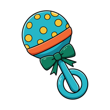 This vector illustration shows a blue baby rattle with yellow polka dots and a green bow, designed for infant playtime and nursery themes. Cheerful.のイラスト素材
