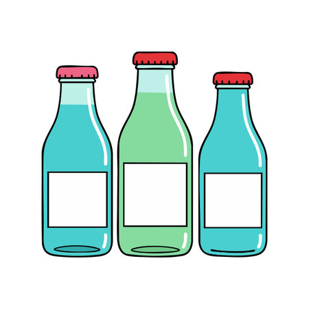 Vector image of three glass bottles with red caps and blank white labels in blue and green colors, simple and clean style, cheerful.のイラスト素材