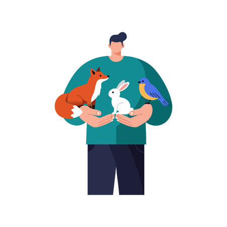 A person gently holds a fox, rabbit, and bird in their hands, symbolizing harmony with animals and nature in a peaceful setting. Calm mood.のイラスト素材