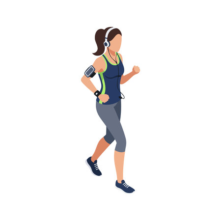 Woman jogging outdoors wearing headphones and fitness tracker, dressed in athletic wear, moving energetically and focused, active and healthy mood.のイラスト素材