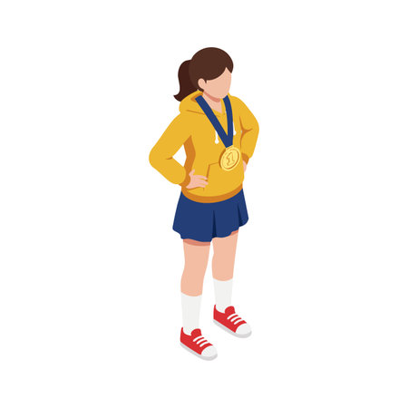 Illustration of a confident young girl wearing a gold medal, yellow hoodie, blue skirt, and red sneakers in a standing pose, cheerful mood.のイラスト素材