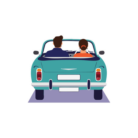 Vector illustration of a couple driving a turquoise retro convertible car, viewed from behind, in a simple flat style, peaceful mood.のイラスト素材