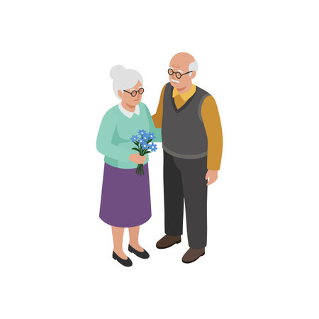 Elderly couple stands close, woman holding flowers, expressing affection and warmth in casual clothing, creating a tender and peaceful atmosphere.のイラスト素材