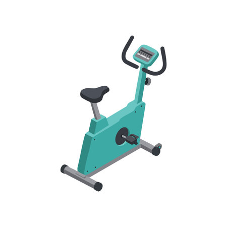 Vector illustration of a teal stationary exercise bike with digital display, designed for indoor cardio workouts and fitness training, simple style, minimalistic, energetic mood.のイラスト素材