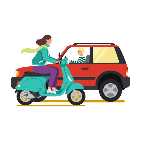 Woman drives a teal scooter alongside a red car with a blonde child inside, depicting urban commuting and vehicle interaction, lively mood.のイラスト素材