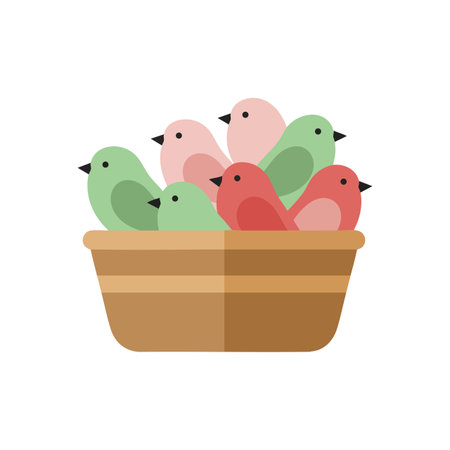 Vector illustration shows colorful birds sitting closely in a brown basket with soft green, pink, and red feathers, conveying calm and harmony.のイラスト素材