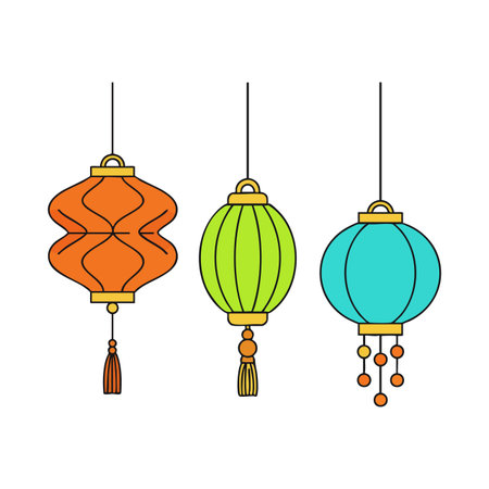 This vector image shows three colorful hanging lanterns in orange, green, and blue with tassels and beads for decoration, creating a festive atmosphere. Cheerful.のイラスト素材