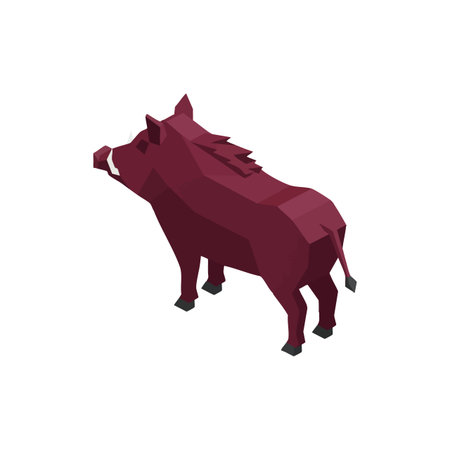 This image shows a dark red wild boar rendered in low poly vector style with sharp edges and angular shapes in a calm setting.のイラスト素材
