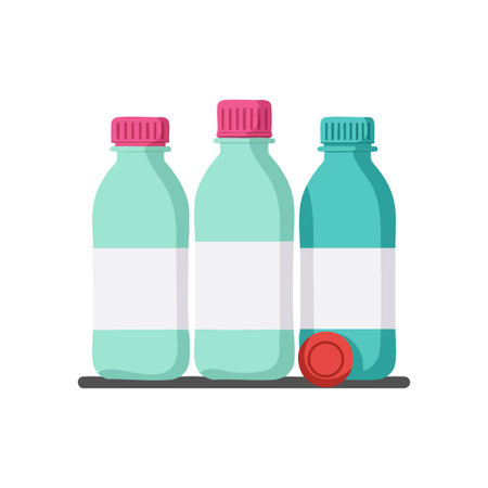 Vector image showing three bottles with pink and teal caps placed side by side on a surface, suitable for product design or packaging concepts. Clean and simple style.のイラスト素材