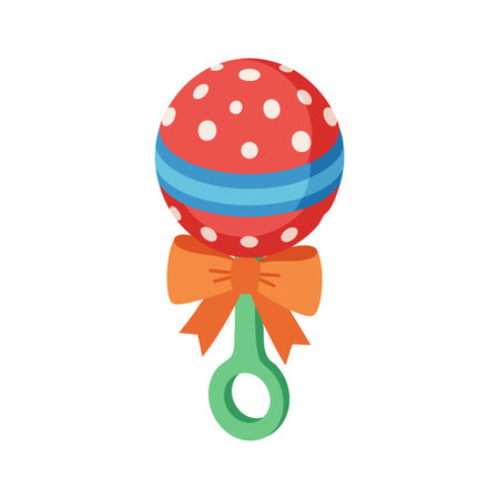 Vector baby rattle with red polka dots, blue stripe, and orange bow on green handle, designed for infant playtime, cheerful and playful.のイラスト素材