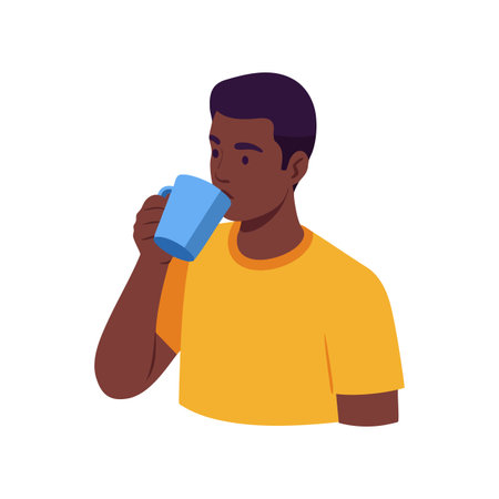 A man with dark hair drinks from a blue cup wearing a yellow shirt in a portrait orientation vector. Calm and relaxed mood.のイラスト素材