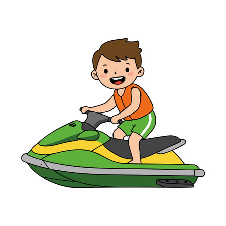 Vector illustration of a happy boy riding a green and yellow jet ski on water during summer, enjoying outdoor water sports activity, cheerful mood.のイラスト素材