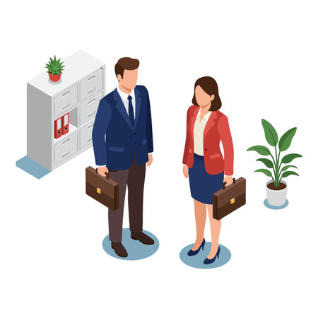 Two professionals stand in office setting with briefcases, plants, and filing cabinets, illustrating corporate teamwork and business collaboration, confident mood.のイラスト素材