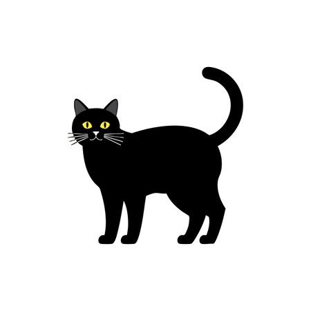 Illustration shows a black cat with bright yellow eyes standing with its tail raised, conveying alertness and curiosity in a simple style.のイラスト素材