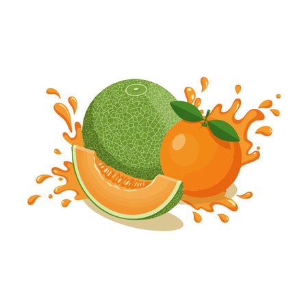 Vector image shows cantaloupe melon and orange fruit with juice splashing, highlighting freshness and healthiness in bright colors. Vibrant mood.のイラスト素材