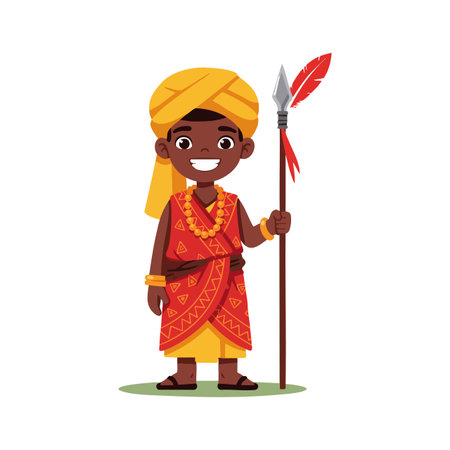 The illustration shows an African warrior smiling confidently, dressed in vibrant traditional clothing with a spear, standing on grass, cheerful mood.のイラスト素材