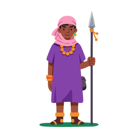 Illustration shows a tribal warrior woman standing confidently with a spear, dressed in purple and pink traditional attire, conveying strength and heritage.のイラスト素材