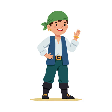 This vector shows a cheerful pirate boy wearing a green headscarf waving his hand happily in cartoon style. Bright and playful mood.のイラスト素材