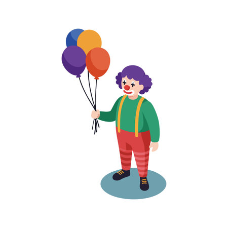 Cartoon clown character holds four colorful balloons wearing green shirt and red striped pants in bright vector style, festive and cheerful mood.のイラスト素材